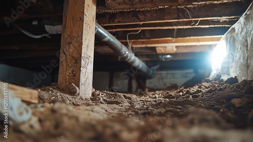Crawl space with exposed soil and wooden beams, highlighting need for repair and mold remediation.
