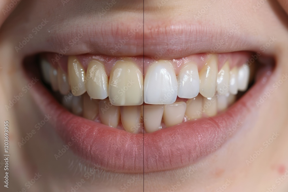 Fototapeta premium Teeth before and after whitening. Dental care concept. Neural network ai generated art