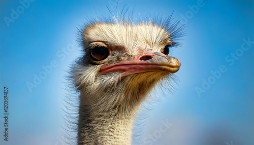 Close-up portrait of an ostrich against a vibrant blue sky.