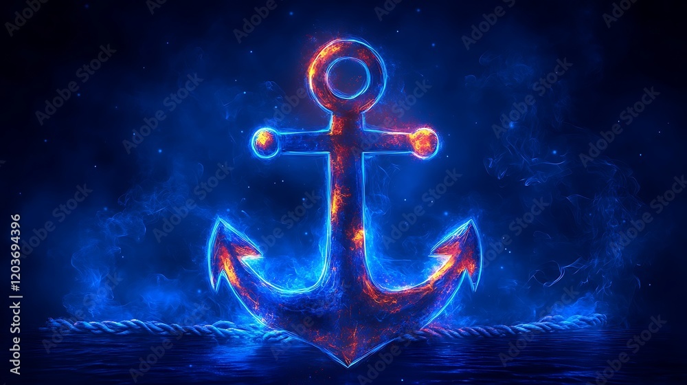 Naklejka premium Fiery Anchor: A weathered anchor stands strong amidst a swirling blue and orange glow, symbolizing resilience, hope, and the enduring power of the sea.