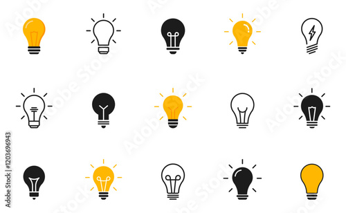 Lightbulb icon set. Light bulb linear icon. Idea and creativity symbol. Electric lamp, electricity, light. Vector illustration.
