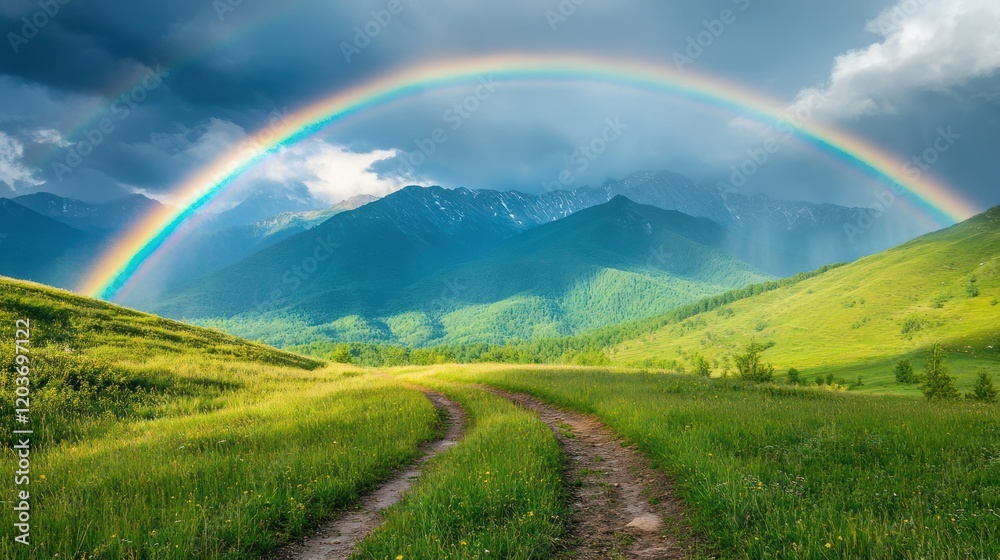 Obraz premium Majestic Rainbow over Verdant Mountains
