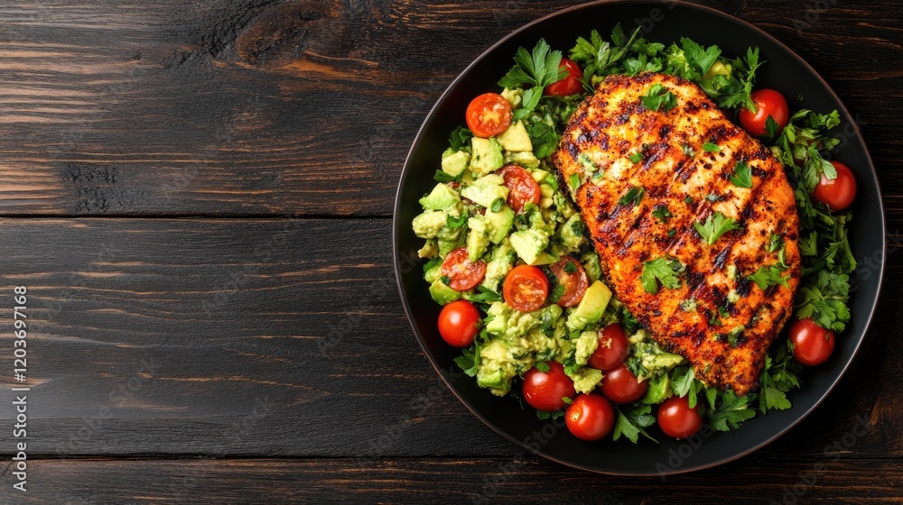 Grilled Chicken and Avocado Salad: A mouthwatering platter featuring a juicy, grilled chicken breast resting on a vibrant salad of diced avocado, cherry tomatoes, and fresh herbs.