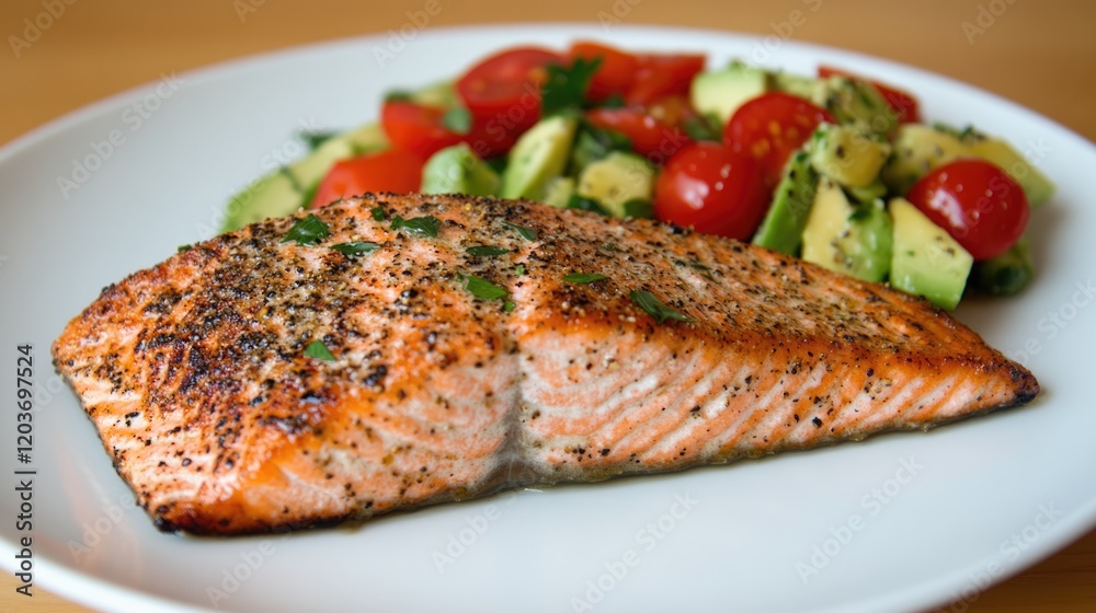 Pan-Seared Salmon with Avocado Salsa: A perfectly pan-seared salmon fillet, its skin crisped to a golden brown, rests alongside a vibrant avocado and tomato salsa. Pan-Seared Salmon with Avocado Salsa: A perfectly pan-seared salmon fillet, its skin crisped to a golden brown, rests alongside a vibrant avocado and tomato salsa.