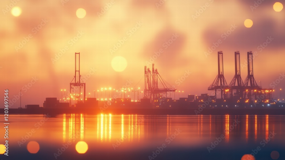 Obraz premium Freight port at sunrise cranes silhouetted against reflective waters industry landscape