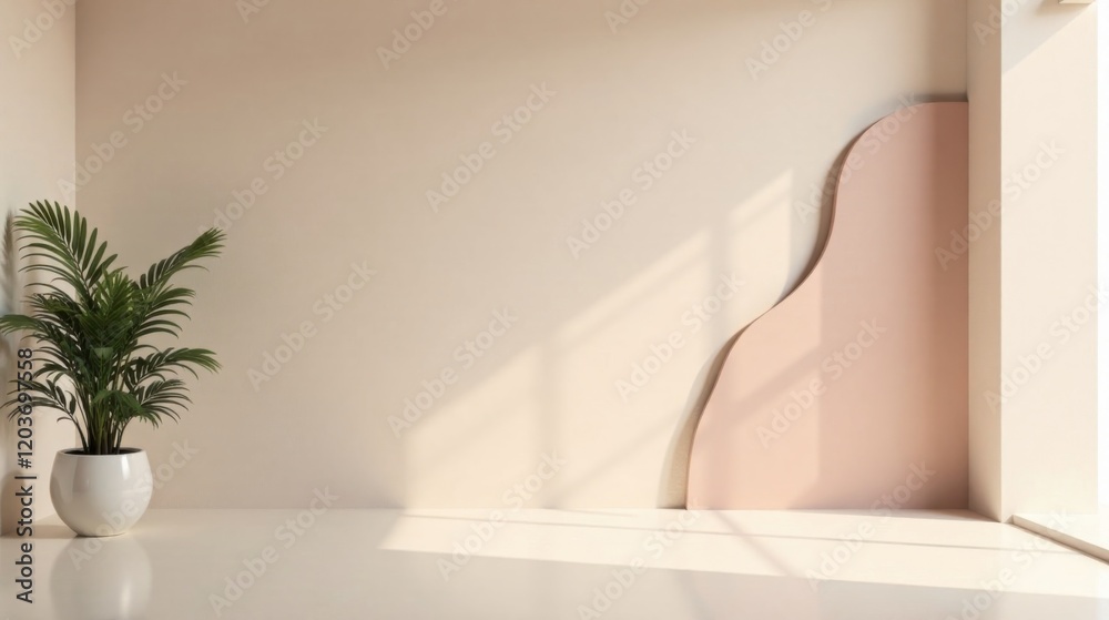 Fototapeta premium Minimalist Interior Scene with Potted Plant and Abstract Wall Panel in Soft Neutral Tones