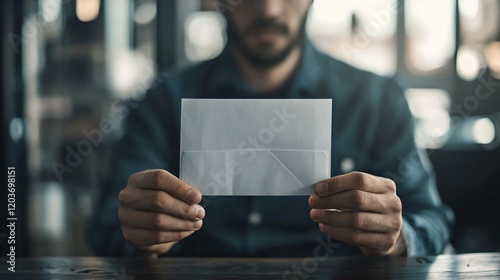 Distressed man sitting at desk holding letter symbolizing layoff notice, reflecting emotional response to job loss in professional office setting.