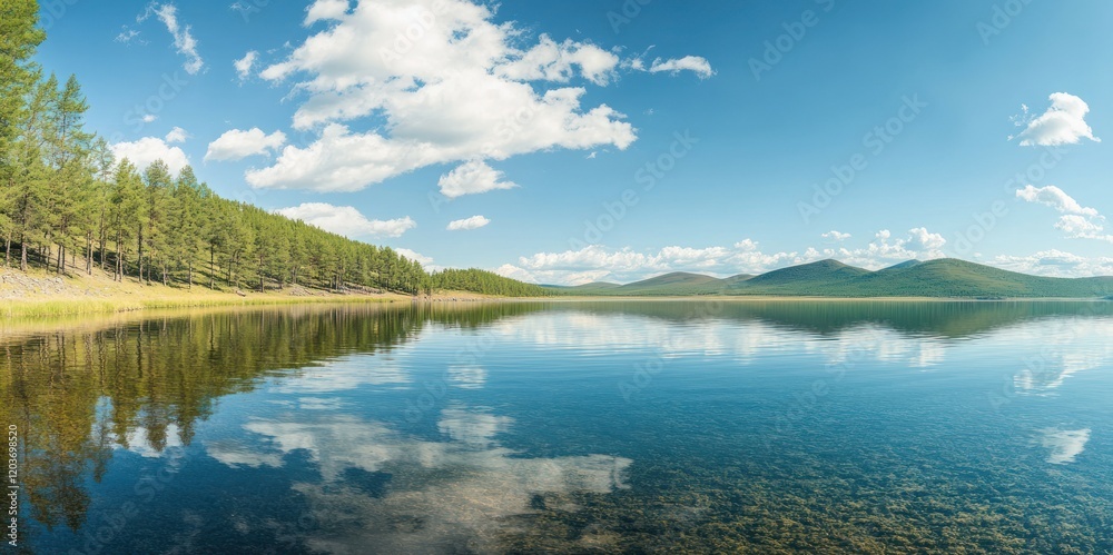 Beautiful panoramic view of the lake in summer with a forest and mountain background. Beautiful panoramic view of the lake in summer with a forest and mountain background.