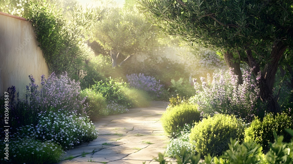 Fototapeta premium Sunlit Garden Path With Blooming Lavender And Flowers