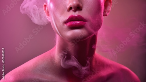 Woman with a pinkish face and a red lipstick