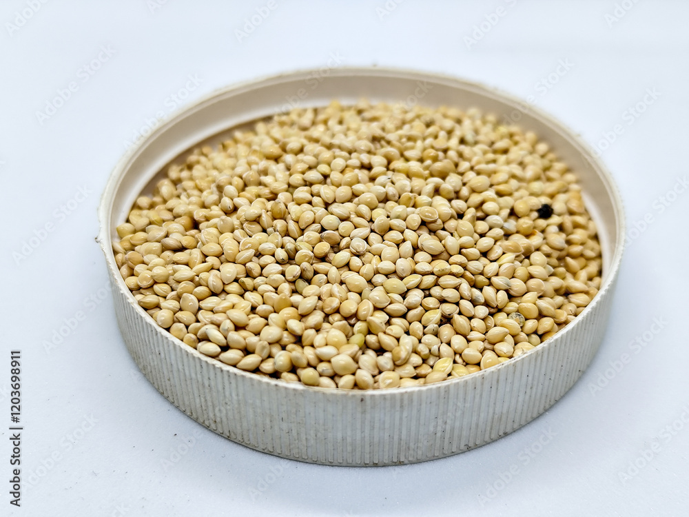 Millet seeds in a bowl on a white background, subject photography. Millet seeds in a bowl on a white background, subject photography.