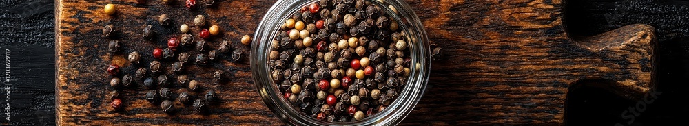 Obraz premium Assorted peppercorns in a glass jar on wooden board: spice and flavor concept