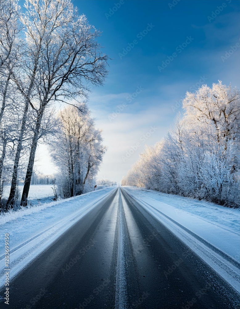 Straight road covered with snow and ice at winter Straight road covered with snow and ice at winter