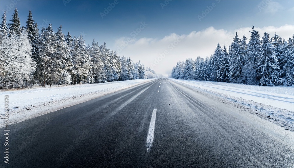 Straight road covered with snow and ice at winter Straight road covered with snow and ice at winter