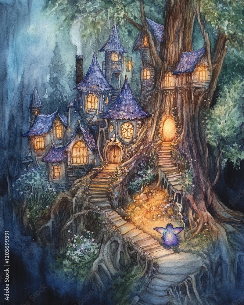 Fototapeta premium Enchanted Fairy Treehouse Village in Mystical Forest, Watercolor Fantasy Illustration.