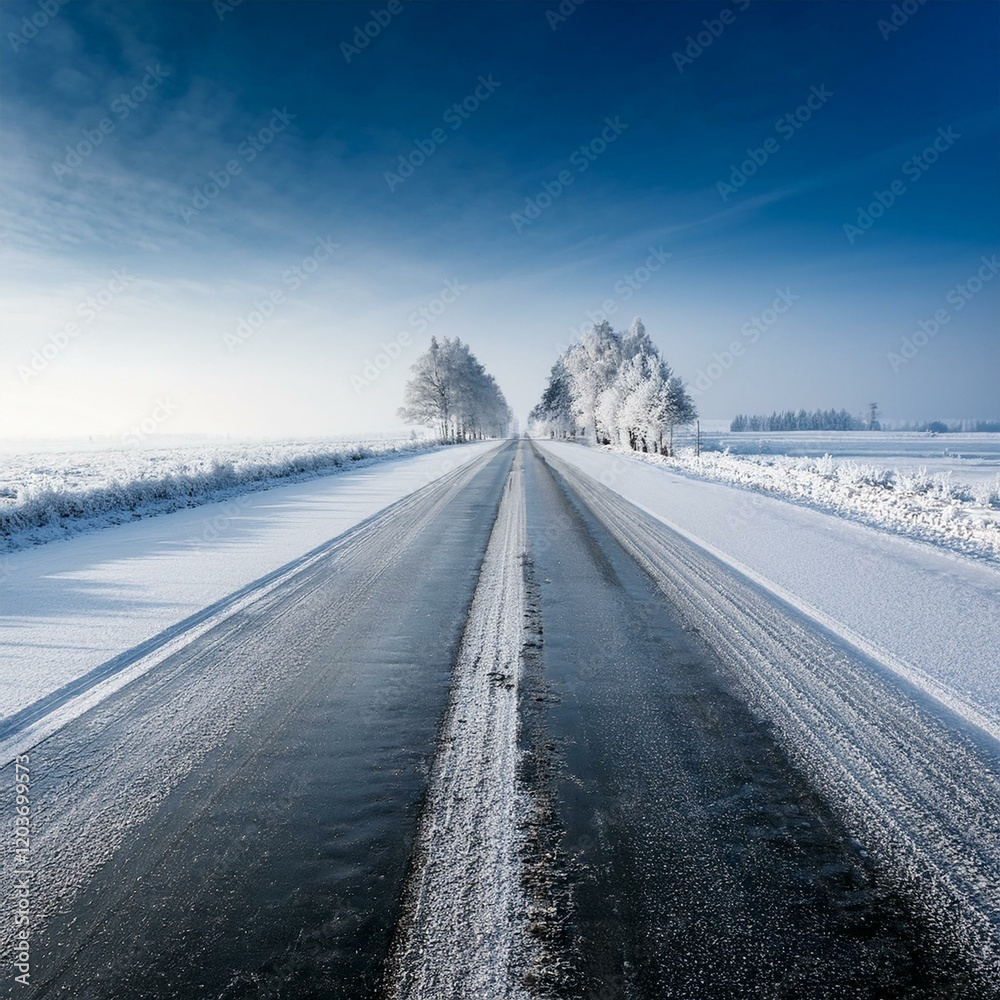 Straight road covered with snow and ice at winter Straight road covered with snow and ice at winter