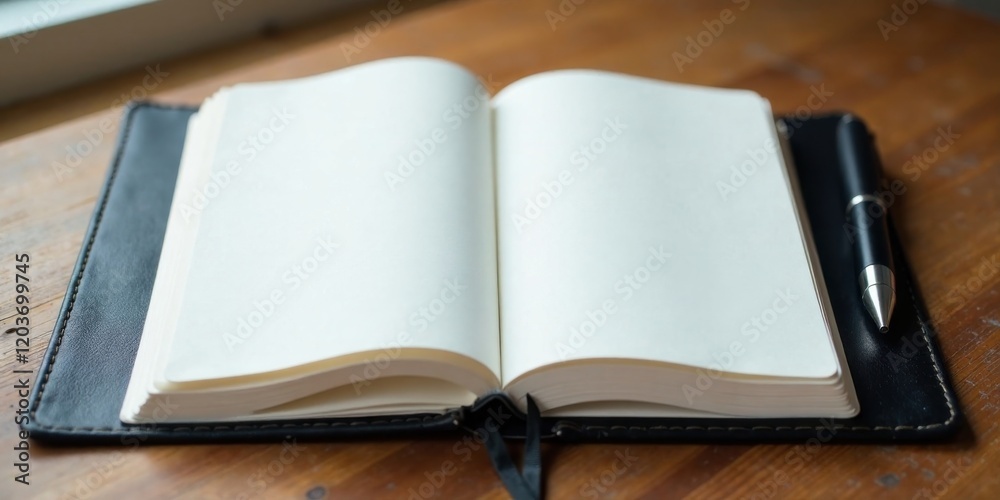 Fototapeta premium An Open Blank Notebook with a Pen Rests on a Wooden Surface, Ready for Ideas and Notes
