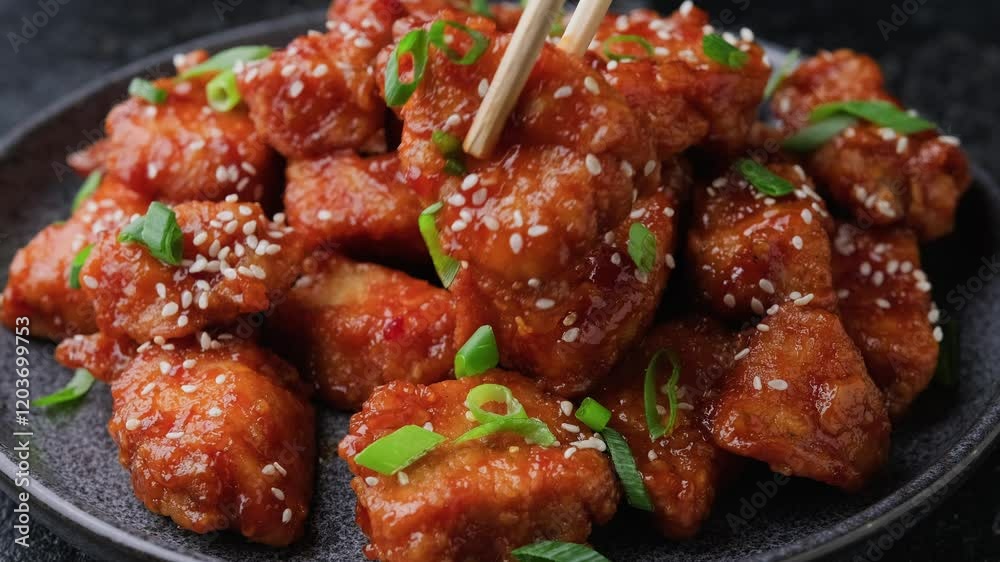 Eating Crispy Sesame Chicken with a Sticky Asian Sauce Eating Crispy Sesame Chicken with a Sticky Asian Sauce