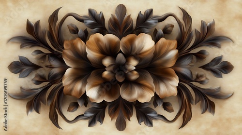 Elegant stylized floral ornament with brown and black hues, ideal for design projects