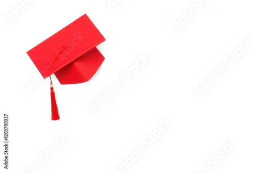 A vibrant red graduation cap resting against a clean white background, symbolizing achievement and success