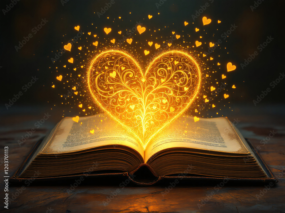 Enchanted book with glowing heart, magical golden light, ornate pages.