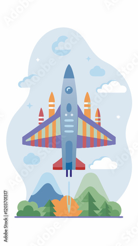 Colorful illustration of an airplane flying in the clouds.