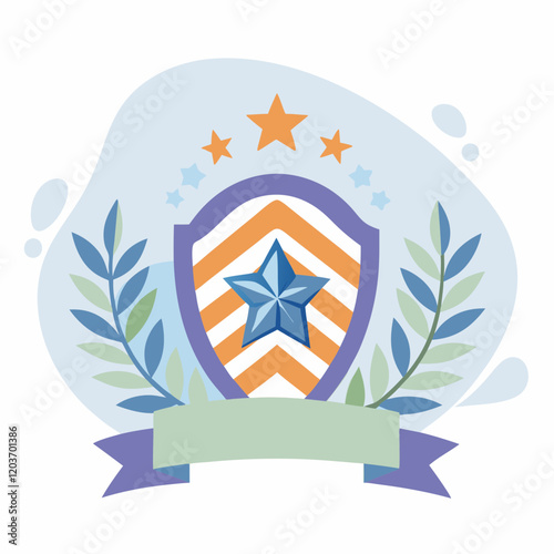 Decorative shield illustration with a star, laurel leaves, and a banner symbolizing honor and achievement.