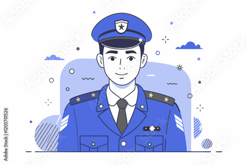 Police officer in uniform with a friendly expression against a sky background.