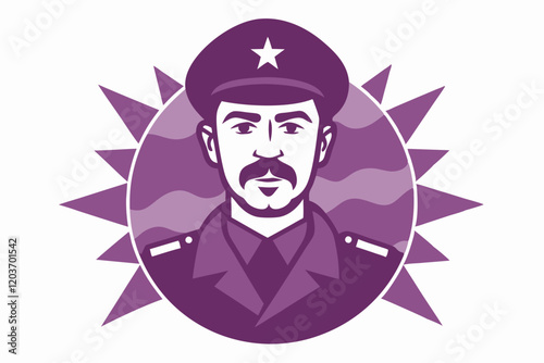 Purple stylized illustration of a soldier in uniform with military decorations and serious expression.
