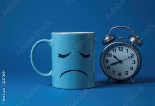 Blue Monday, sad coffee mug, closed eyes, frowning face, analog clock, dark blue background photo