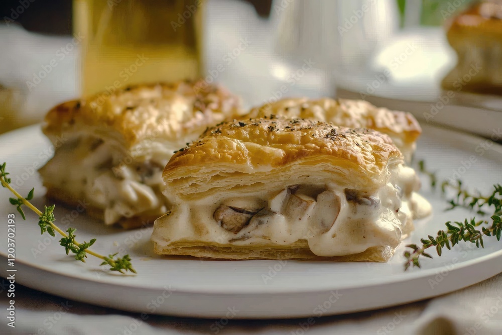 Creamy chicken and mushroom vol-au-vent, served on a large white plate Creamy chicken and mushroom vol-au-vent, served on a large white plate