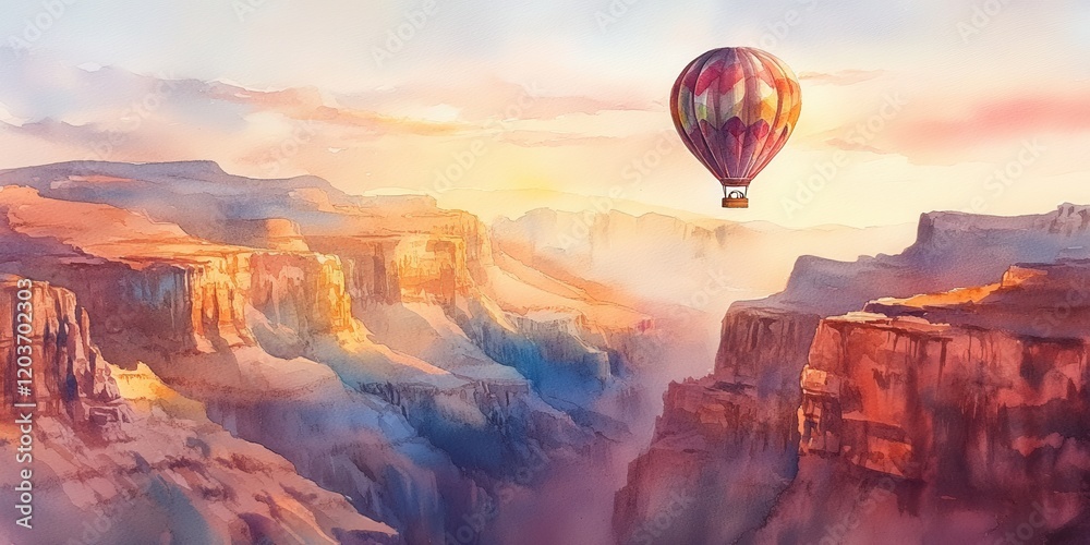 Naklejka premium Watercolor Hot Air Balloon Over Canyon at Sunset, Artistic Landscape