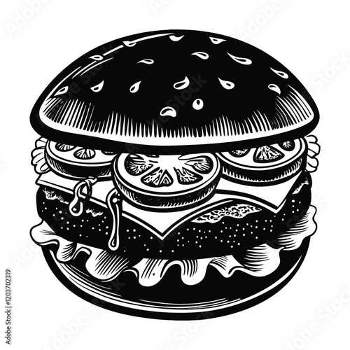 Black and white  mouthwatering  burger silhouette  vector  illustration
 