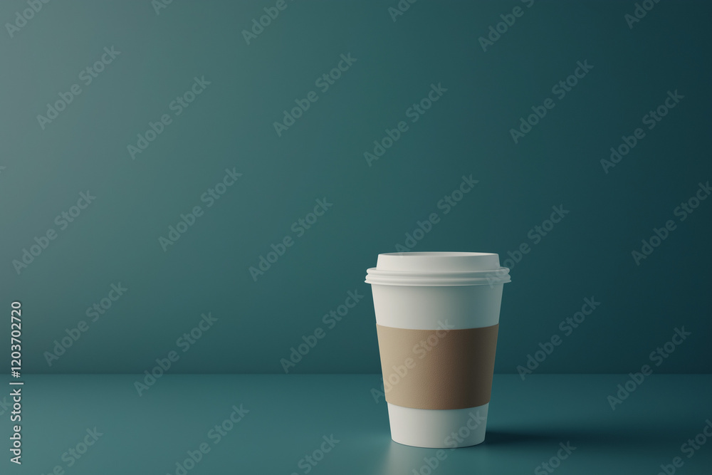 Minimalist coffee cup with a blank label against a solid teal background, mockup, ad, empty, banner,
advertising, commerce, marketing, promotion, canvas, copy space 