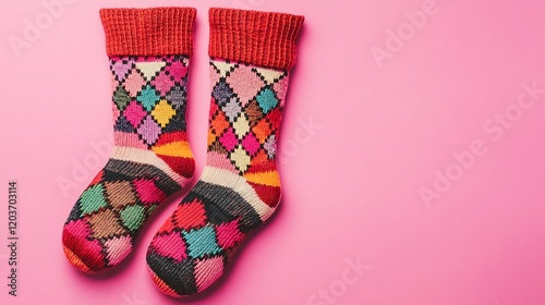 Thick wool socks with argyle patterns on pink background photo