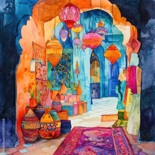 Vibrant Watercolor Painting of a Moroccan Souk with Lanterns, Pottery, and Carpets.
