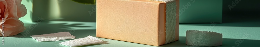 Fototapeta premium Elegant orange gift box with bandages and pink rose on mint green surface