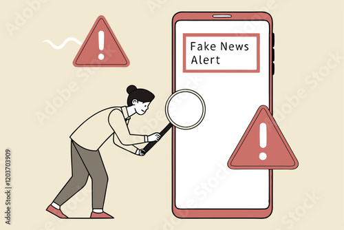Misinformation detection, giant smartphone screen, magnifying glass, tiny businessman, fake news alert, red warning signs, hoax text, beige background, flat illustration style, vector graphics, social