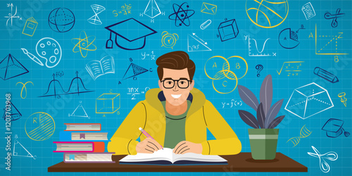 person writing on a notebooks lifestyle student, education concept. Background is doodle icon education, reading books for exam final. Vector , Flat design and illustration.