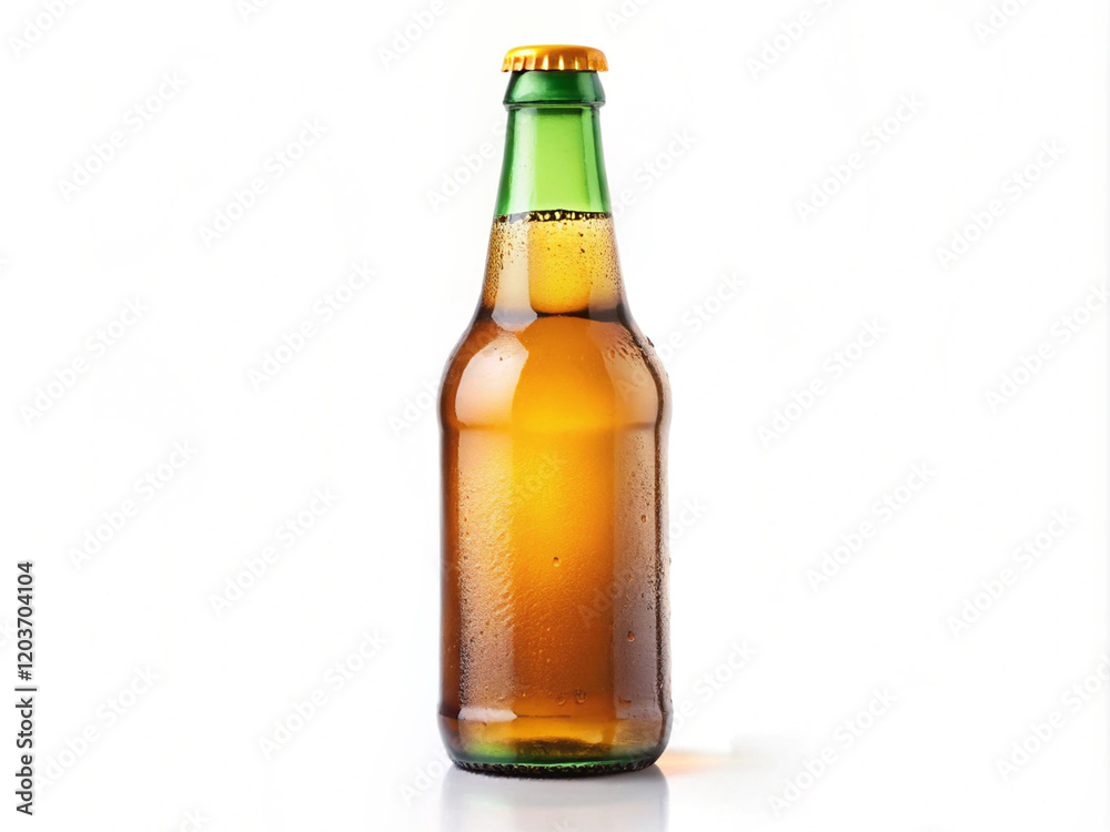 A chilled, transparent bottle of beer with a white cap stands tall beside a full glass of golden, refreshing lager on a blank white background A chilled, transparent bottle of beer with a white cap stands tall beside a full glass of golden, refreshing lager on a blank white background