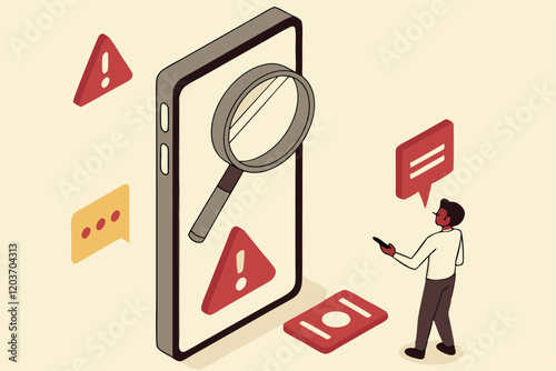 Misinformation detection, giant smartphone screen, magnifying glass, tiny businessman, fake news alert, red warning signs, hoax text, beige background, flat illustration style, vector graphics, social