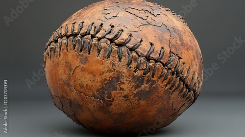 Aged Baseball Treasure: A well-worn, vintage baseball, its leather cracked and stained with the patina of age and countless games, sits center frame against a subtle gray backdrop. The stitching. photo