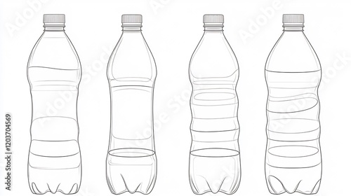 Four plastic bottles with varying water levels and different contour design line art