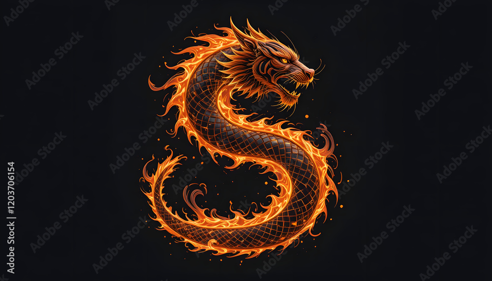 Fototapeta premium Fiery dragon illustration forming the letter S on a dark background, artistic design, copy space 