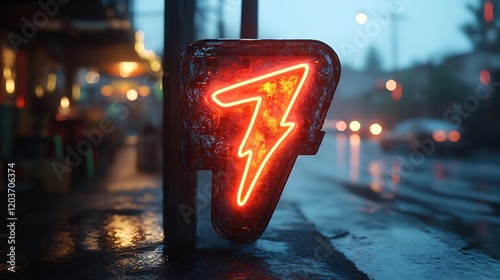 Neon Sign in the Rain: A vibrant red neon sign in the shape of a lightning bolt shines brightly against a backdrop of a rainy city street, creating a captivating and atmospheric scene.  photo