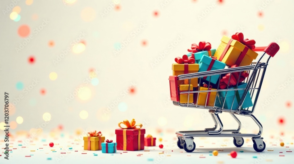 Obraz premium A miniature shopping cart overflowing with vibrant gift boxes, nestled amidst a festive scattering of confetti and bokeh lights, evokes a cheerful atmosphere of celebration and gifting.