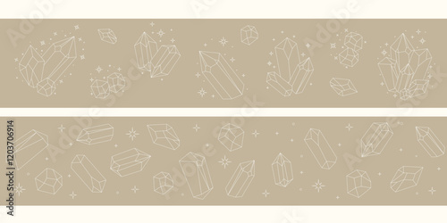 Celestial gemstones seamless border. Crystal thin line set. Simple magical crystal black contour symbol. Witchy.