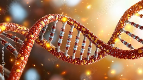 A detailed illustration of the DNA helix, showing the double stranded structure with clearly defined base pairs and sugar phosphate backbones twisting around each other in a spiral pattern. photo