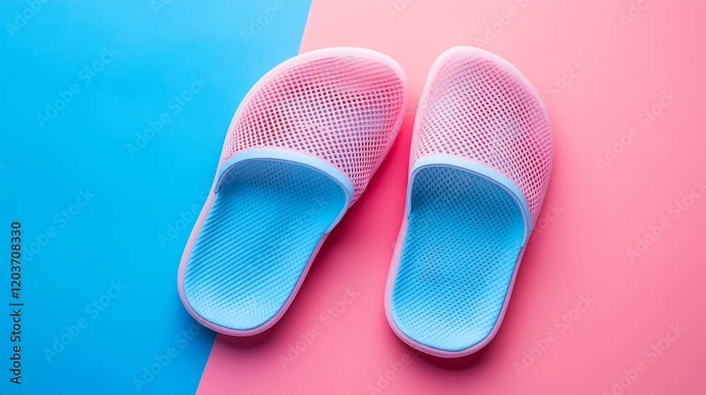 Ultra light slippers with breathable mesh on pink and blue background Ultra light slippers with breathable mesh on pink and blue background