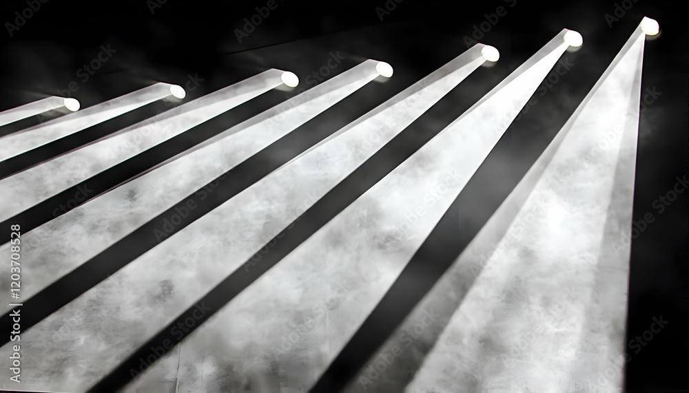 Dramatic parallel beams of light cutting through smoky darkness; abstract monochrome image perfect for design, backgrounds, or conceptual projects.